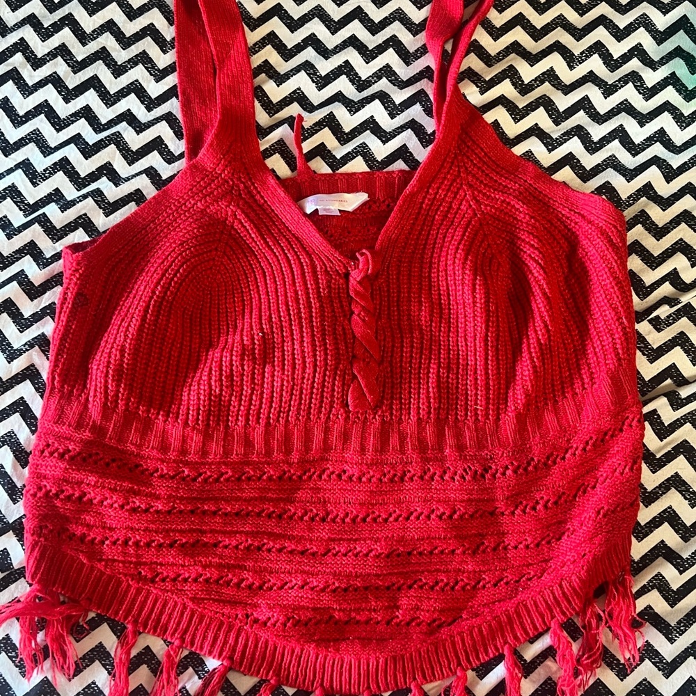 Red Knit Crop Top with Fringe